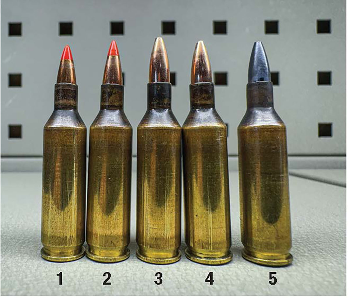 Handloaded: (1) Hornady 20-grain V-MAX, (2) Hornady 25-grain V-MAX, (3) Nosler 20-grain Varmageddon, , (4) Dogtown 20-grain Jacketed Hollow Point and (5) Varmint Nightmare X-Treme 20-grain Premium Flat Base Hollow Point.